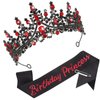 CAVETEE Princess Crown and Birthday Princess Sash,Black and Red Birthday Tiara With Glitter Sash for Princess Party Decorations Happy Birthday Accessories Birthday Crown and Tiara for Women Girls