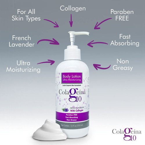 Colageina 10 Ultra Moisturizing Body Lotion (12 fl oz) - French Lavender - Non Greasy, Fast Absorbing, Anti-Aging, Daily Lotion Powered by Hydrolyzed Collagen