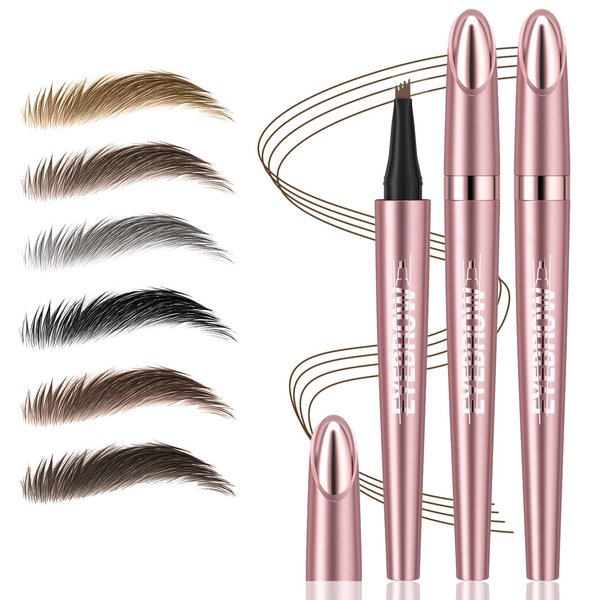 2Pcs Microblading Eyebrow Pen, Long-Lasting Waterproof Eyebrow Pencil with 4-Fork-Tip for 3D Realistic Brow, Easily Create Natural Hair-Like Brow Last All-Day, Eye Brow Pencils for Women -Dark Brown