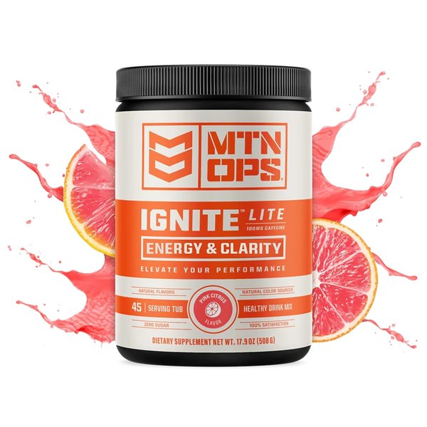 MTN OPS Ignite Lite Supercharged Energy Drink Mix - 100mg Caffeine, 45-Serving Tub, Pink Citrus Flavor
