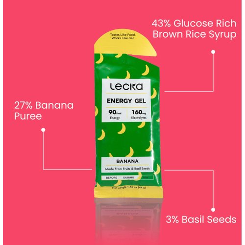 Lecka Energy Gel, Banana, 12 Gels | for Endurance Exercise, Made with Real Fruits and Basil Seeds, Provides Natural Energy and Electrolytes