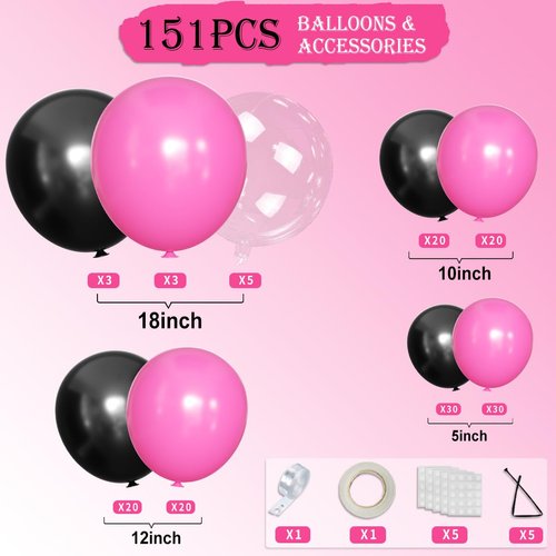 MOXMAY Black and Hot Pink Balloons Garland Arch Kit With Clear Bobo Balloons, 151Pcs Latex Balloons Different Sizes 18 12 10 5 inch for Valentine Day Birthday Holiday Party Decorations
