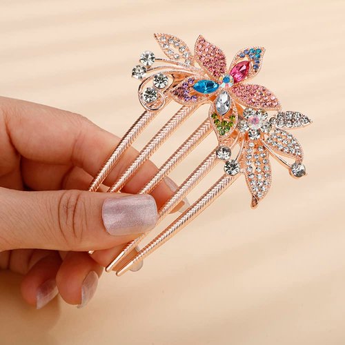 Jumwrit Wedding Crystal Hair Comb Colorful Rhinestone Flower Floral Hair Side Comb Rose Gold Leaf Hair Clip Comb Vintage Bride Bridesmaid Headpiece Bridal Hair Jewelry for Women Girls(Multi Color)