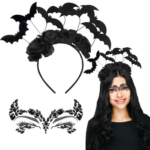 Halloween Black Bat Headband and Black Face Gem Bat Mask or Women Bat Halloween Dress Up Costume Accessories (Bat B)