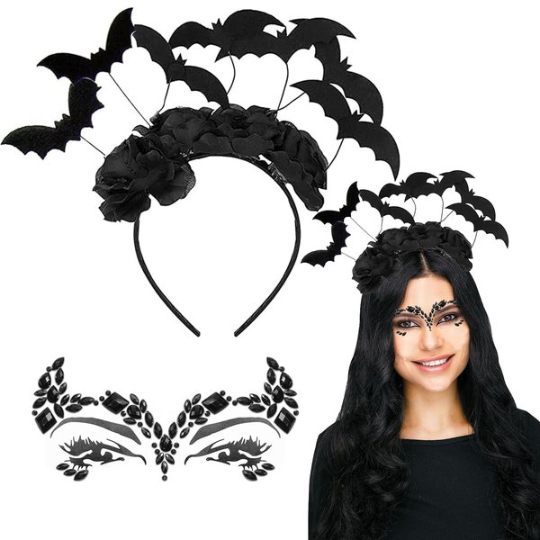 Halloween Black Bat Headband and Black Face Gem Bat Mask or Women Bat Halloween Dress Up Costume Accessories (Bat B)