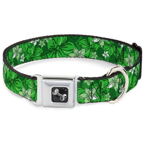 Buckle-Down Hibiscus Collage Green Shades Dog Collar Bone, Small/9-15