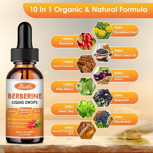 Bunkka (2 Pack) Berberine Supplement, Berberine Liquid Drops with Ceylon Cinnamon, Bitter Melon, Sugar-Free & Vegan Supplement Supports Immune System & Gastrointestinal Care - 4 FL Oz