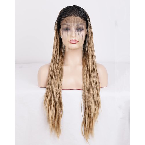 ten chopsticks Black Micro Braids Synthetic Lace Front Wigs for Black Women with Baby Hair Cornrows Half Box Braided Wigs Heat Friendly African Hair 24 Inch (24 Inch/Lace Front Wigs, 1BT27)