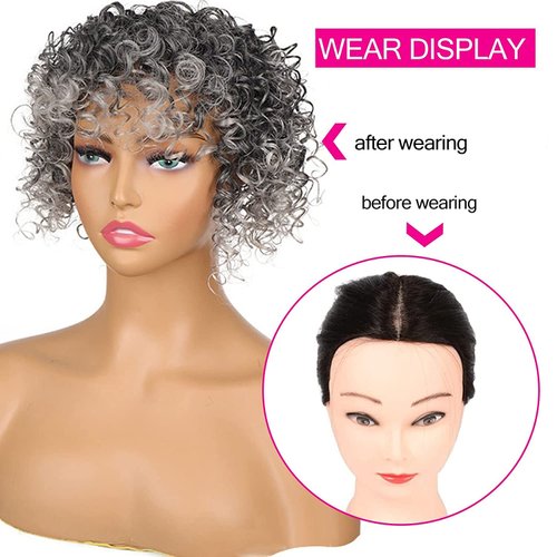 KRSI Afro Curly Hair Topper Silver Grey Synthetic Toppers Hair Pieces for Women, Hairpieces Toppers Pieces for Black Women With Thinning Hair Clip in Hair Topper With Bangs(1B/T0906)