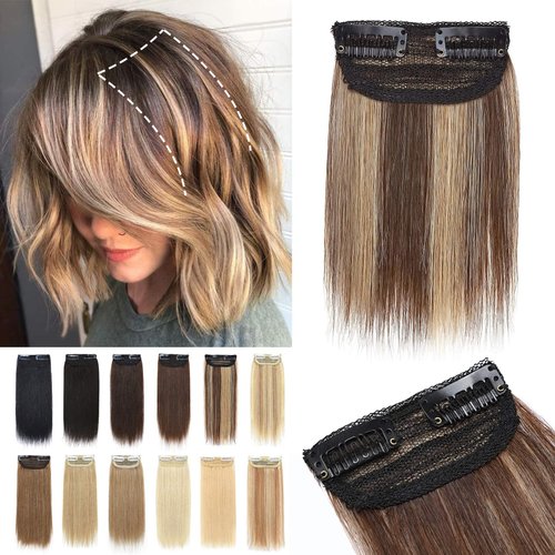 S-noilite Clip in Hair Extensions for Short Hair 100% Real Human Hair 1PCS 2 Clips Balayage Clip in Hairpieces For Women with Thinning Hair Add Hair Volume 8g 4Inch-Medium Brown/Dark Blonde