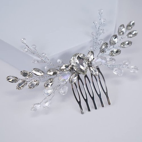 Teyglen Crystal Bride Wedding Hair Comb Silver Teardrop Rhinestone Hair Pieces Sparkly Hair Accessories for Bride Bridal Rhinestone Side Comb Headpieces for Women Girls