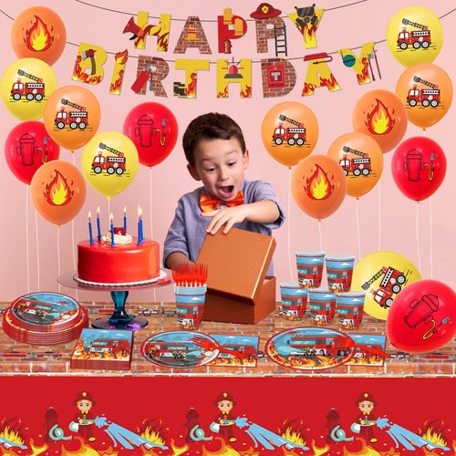 Poqirzan 118PCS Firetruck Birthday Party Decorations Firefighter Party Tableware Set Kids Boys Fire Truck Birthday Party Supplies Fire Truck Plates Napkins Cups Forks Knives Tablecloth Banner Serve 20