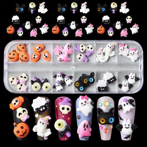 30Pcs/Box Halloween Nail Charms Cute Ghost Pumpkin Mini Halloween Resin Nail Rhinestones Design Funny Halloween Ghost Pumpkin Cat Nail Gems for Acrylic Nails Cute Ghost Nail Jewelry Nail Accessories
