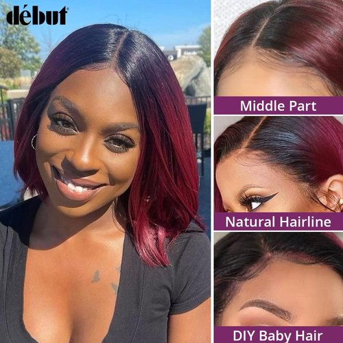 DÉBUT Short Bob Wigs 1B Burgundy Lace Front Wigs Human Hair Middle Part Wigs Brazilian Virgin Straight Hair 13x4x1 T Part Wigs for Black Women 1B/99J 10 Inches
