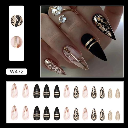 Press on Nails Pointed Medium Length, 24Pcs Full Cover Reusable Glossy False Nails Kit, Artificial Fingernails Acrylic Fake Nails for Women, Stick on Nails with Designs, Glue on Nails Almond Shape