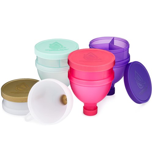 Hydra Cup [4 Pack Funnels for Filling Water Bottles with Protein Powder, 3 Compartment Pill Storage, Supplement Container Set to Go or Kitchen Use, Keychain for Shaker Cup