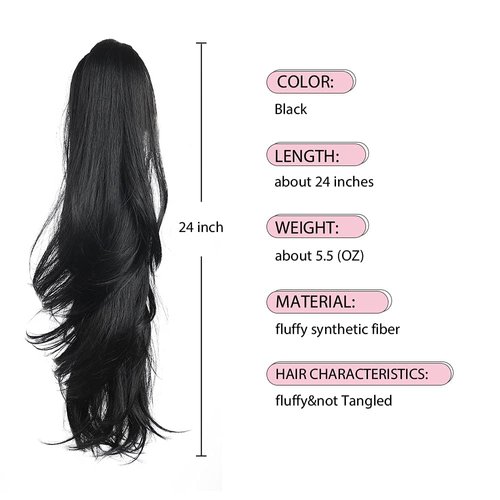 HSPJHTM Ponytail Extension,Black Hair Extensions 24" Claw Clip Ponytail Extension for Women Curly Hair Piece Synthetic Wavy Pony Tail Wig Halloween Fluffy