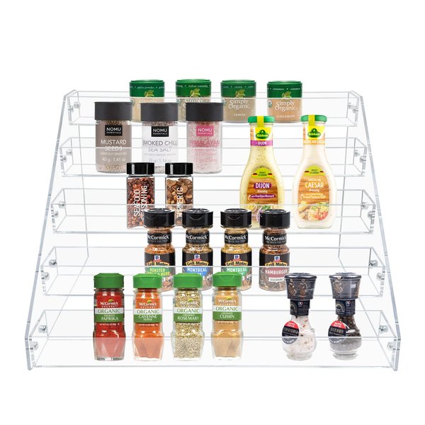 PMMASTO Tiered Spice Rack, Seasoning Organizer, Clear Acrylic Vertical Shelves Can Organizer for Countertop, Cabinet, Pantry, Kitchen Organization and Storage - 5 Tier