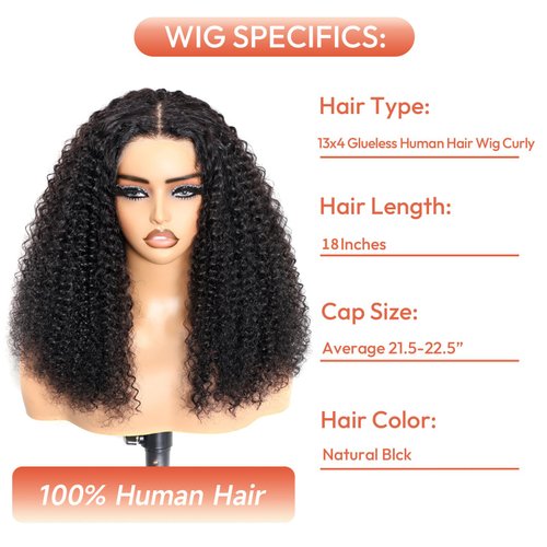 AceWig 13x4 HD Lace Frontal Wigs Human Hair Glueless Curly 200% Density Kinky Curly Lace Front Wig Human Hair Wet and Wavy Wig 13x4 Lace Frontal Human Hair Wigs for Women Natural Black 18 Inch