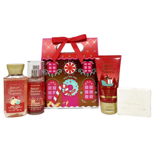 Bath & Body Works Bright Christmas Morning - Mini Gift Set - Fine Fragrance Mist, Body Cream and Body Wash With a Natural Oats Sample Soap