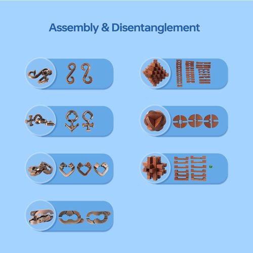 CUDNY 7 Pieces Unlock Interlock Brain Teaser Games Retro Wooden and Metal Puzzles IQ Logic Fun Puzzle Box