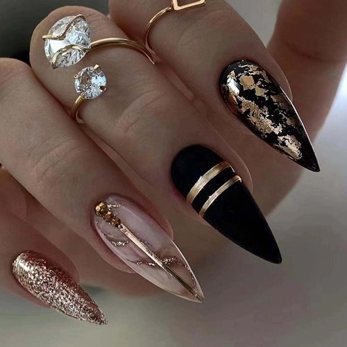 ANDGING Black Press on Nails Short Medium Stiletto, Fake Nails for Women with Gold Glitter Bling Design, Acrylic Glue on Nails False Nails Press on, Stick on Nails for Wedding Birthday 24Pcs