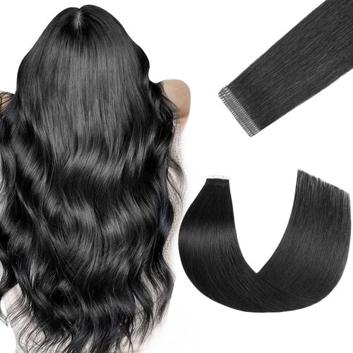 FUOTONBUTY Tape in Hair Extensions Human Hair Jet Black 12 inch 20 pcs/40g Double Stitched Real Human Hair Extensions Lightweight Invisible Thick Ends Tape in Hair Piece