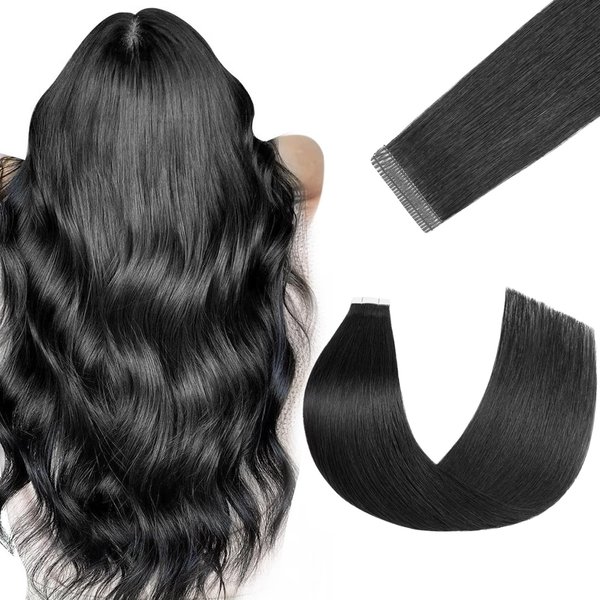 FUOTONBUTY Tape in Hair Extensions Human Hair Jet Black 12 inch 20 pcs/40g Double Stitched Real Human Hair Extensions Lightweight Invisible Thick Ends Tape in Hair Piece