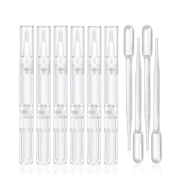 uadbau 6 Pcs 3ml Empty Cuticle Oil Pen with 4 Pcs Transfer Pipettes - Transparent Nail Oil Twist Pens with Brush Tip for Nail Oil, Eyelash Growth Liquid, Cosmetic Lip Gloss Container Applicators