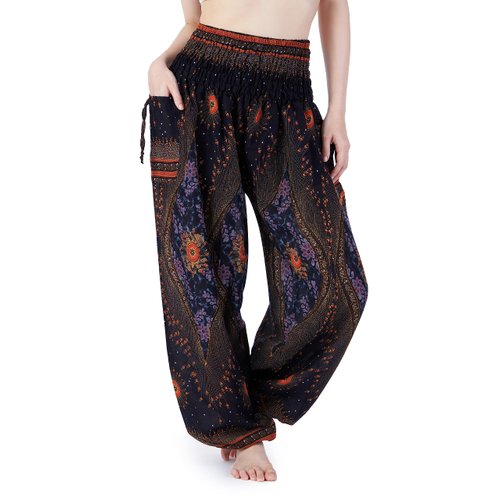 Lannaclothesdesign Women's Smocked Waist Boho Flowy Yoga Harem Pants Hippie Clothes (M, Black)