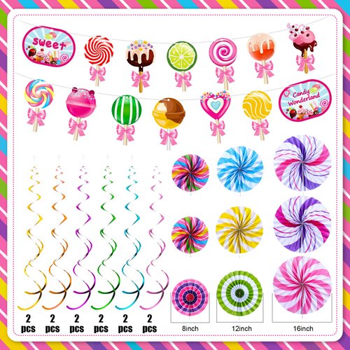 Outus 22 Pcs Candy Party Decorations Paper Fans Candy Hanging Swirls Colorful Lollipop Banner for Garland Ceilings Candyland Theme Kids Birthday Party Supplies