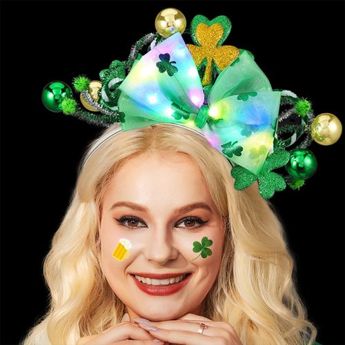 Asooll Light Up St Patrick&#39;s Day Headband LED Shamrock Hair Band Green Bow Irish Headband Party C...