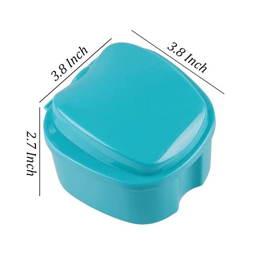 OBTANIM 2 Pack Denture Bath Cup Case Box Holder Storage Soak Container with Strainer Basket for RetainersTravel False Teeth Cleaning (Blue, Green)