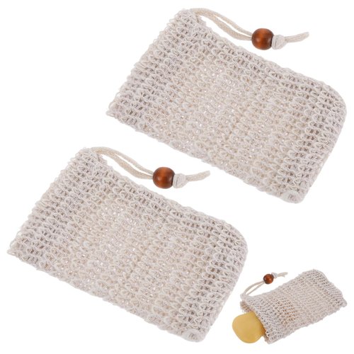 Piriuuo 2 Pcs Soap Bag, Exfoliating Mesh Soap Pouch Natural Sisal Soap Saver Bag with Drawstring Bar Soap Pouch for Foaming and Drying Bubble Mesh Soap Scrubber Pouch (Beige)