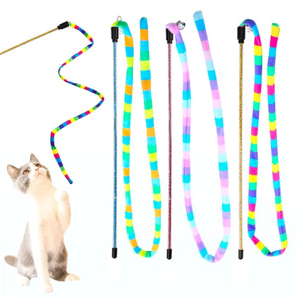 Cat Wand Toys, 3 PCS Flexible Cat String Toy with Bell Rainbow Cat Ribbon Toy Interactive Cat Toys for Indoor Cats Kittens