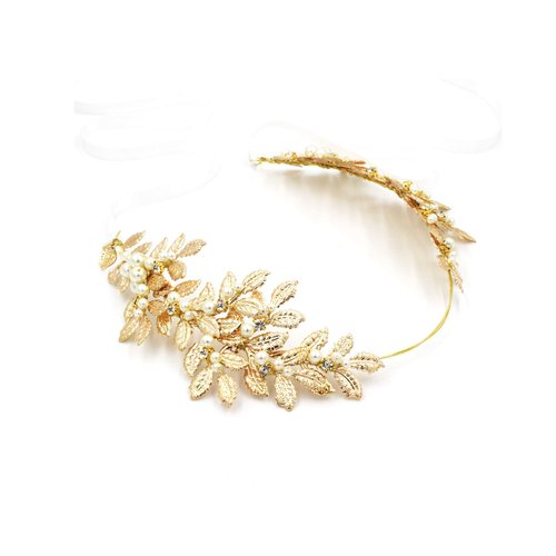 OUMOU The White Ribbon at the 2 Ends for Tying a Bow Hair Accessory Roman Goddess Leaf Branch Dainty Pearls Bridal Headpiece Head Dress Boho Alice Band with Crystal (Rose Gold, 16")