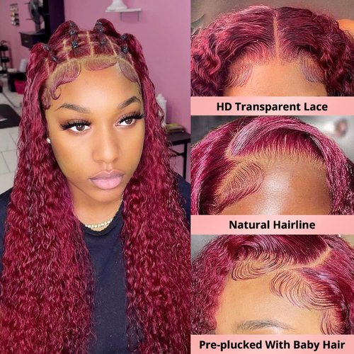 Curly Burgundy Lace Front Wigs Human Hair 13x4 99J Red Curly Lace Front Wig Human Hair 180% Density HD Transparent Frontal Wig Colored Pre Plucked with Baby Hair Glueless Wigs (20 Inch, #99J Curly)