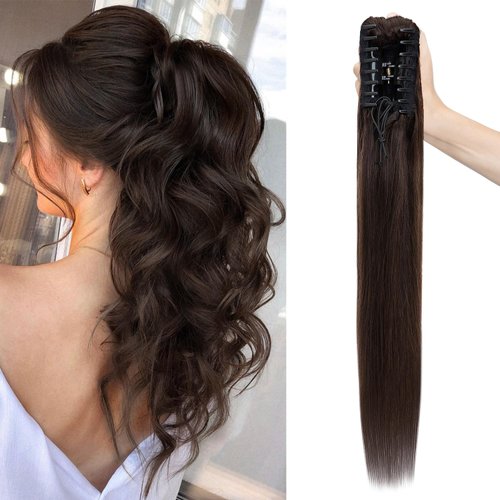 TESSHAIR 16 Inch Claw Clip In Ponytail Extension Human Hair, Pony Tail Hair Extensions 100% Real Human Hair for Women, 105g Hair Pieces Can be Washed Curled Dyed #02 Dark Brown