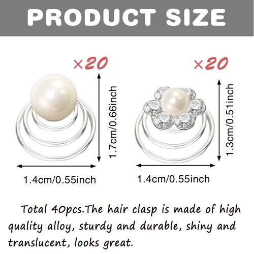 UHOMENY 40pcs Brides Spiral Hair Pins, Hair Pins for Bridal Silver Pearl Hair Pins Crystal Rhinestones Swirl Hair Pins Wedding Hair Accessories with Box for Women Girls Wedding Bridal Party