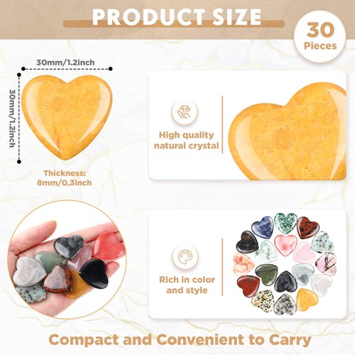 Nuenen 30 Pcs 1.2 Inch Heart Shape Crystals Mother Gifts Gemstone Heart Worry Stones Quartz Love Pocket Palm Worry Stone Bulk for Mother's Day Meditation Stress Relief Energy Balancing(Vintage Style)