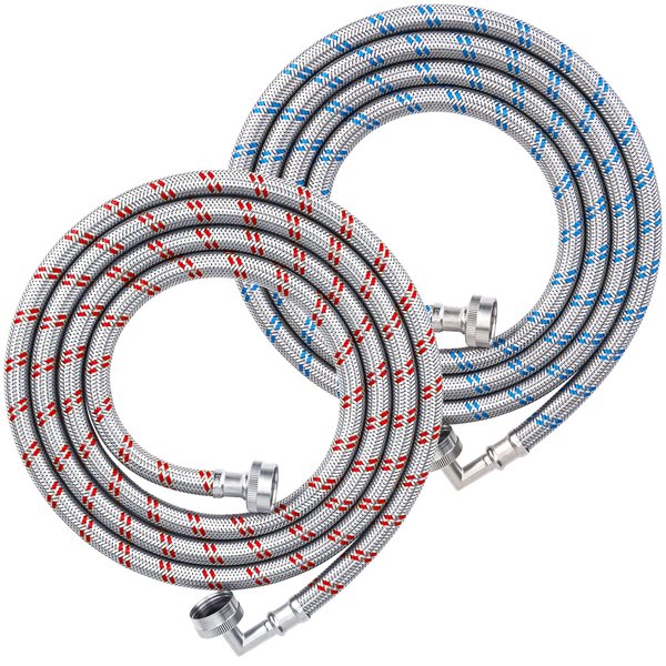 TICONN 2 Pack Washing Machine Hoses Set, EPDM Core Braided Stainless Steel Burst-Proof Washer Hoses with 90 Degree Elbow, 3/4" FHT Standard Thread (6ft)