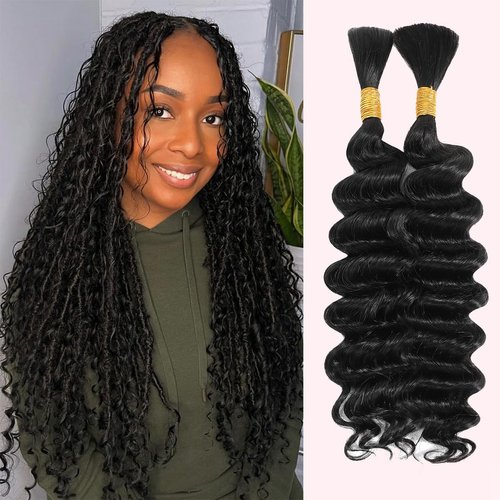 Human Braiding Hair Deep Water Wave Bulk Human Hair for Braiding Hair No Weft Bundles 12A Brazilian Virgin Curly Wet and Wavy Human Hair Extensions for Boho Crochet Knotless Braids 100g 20 Inch