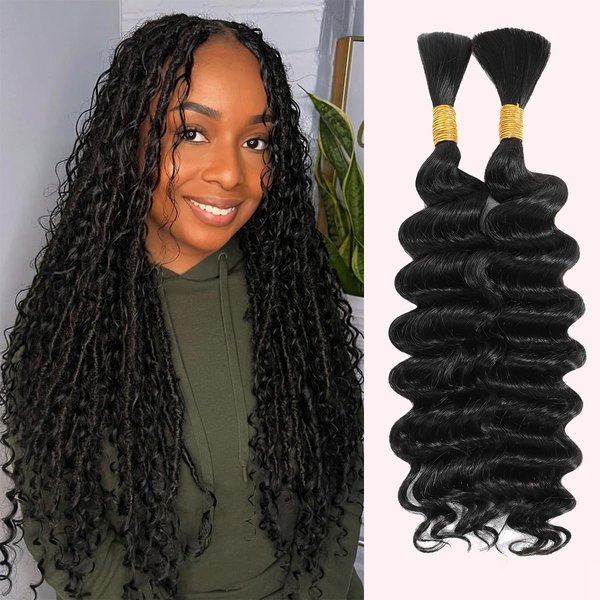 Human Braiding Hair Deep Water Wave Bulk Human Hair for Braiding Hair No Weft Bundles 12A Brazilian Virgin Curly Wet and Wavy Human Hair Extensions for Boho Crochet Knotless Braids 100g 20 Inch