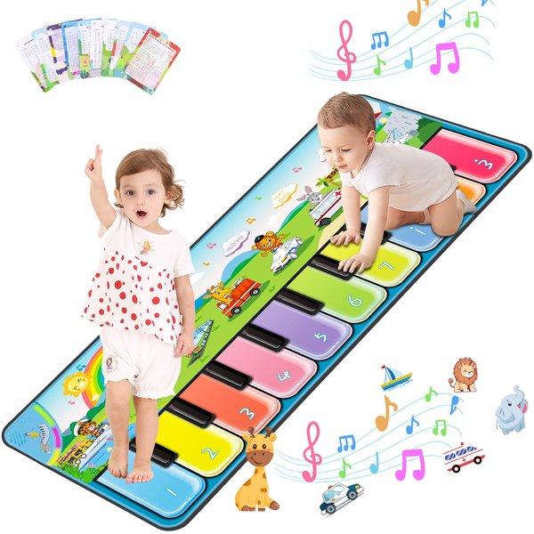 FUCEORUY Piano Mat Musical Toys for Toddlers 1-3, Sensory Learning Toy Floor Piano Playmat with 7 Animal Sound, 7 Transportation Sound & 10 Built-in Music, Birthday Gift for 1 2 3 Year Old Boys Girls