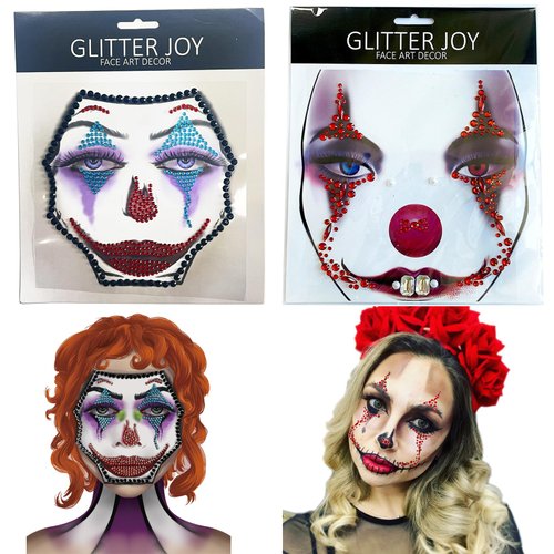 2 Pieces Halloween Clown Face Jewels,Day of the Dead Rhinestone Face Gems Stick Skull Temporary Tattoos for Halloween Festival Rave Party Outfit