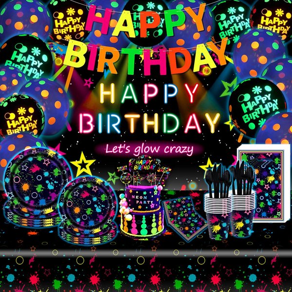 Glow in the Dark Birthday Party Supplies, 163Pcs Neon Party Supplies (Includes Plates, Napkins, Cups and Tablecloths, Banners, Backdrops) for Neon Party Decorations Luminous Party Supplies