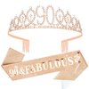 YARIEW Rose Gold Crown + 90 & Fabulous Birthday Sash + Pearl Pin Set, Elegant 90th Birthday Decorations and Gifts for Her