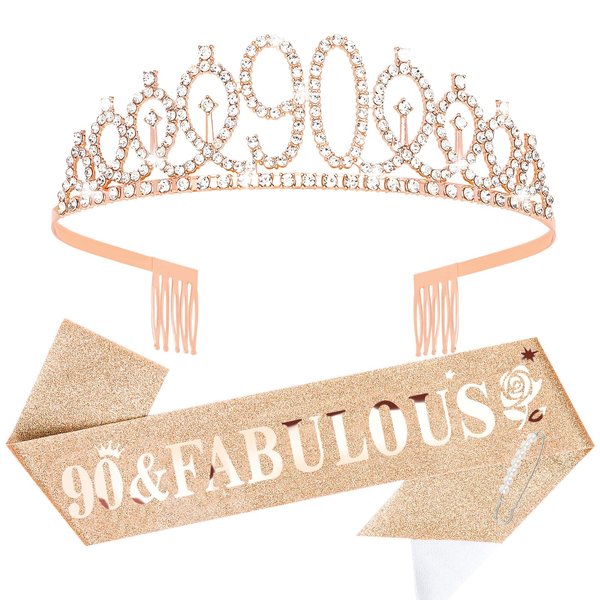 YARIEW Rose Gold Crown + 90 & Fabulous Birthday Sash + Pearl Pin Set, Elegant 90th Birthday Decorations and Gifts for Her