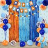 Boy Birthday Decorations, Blue Birthday Supplies, Light Blue Navy Brown Tan Orange Banner, Fringe Curtain, Boho Balloons, Pom Poms Backdrop