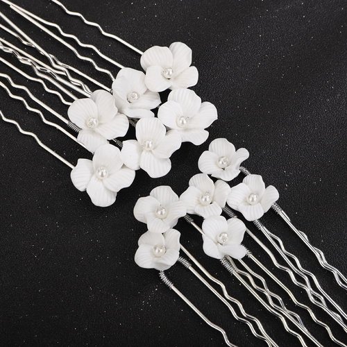 Rumtock 12pcs Pottery White Flower Hair Piece for Women Girls Wedding Bridal Hair Piece Hair Styling Jewelry for Women Girls Handmade Jewelry Set (Silver)
